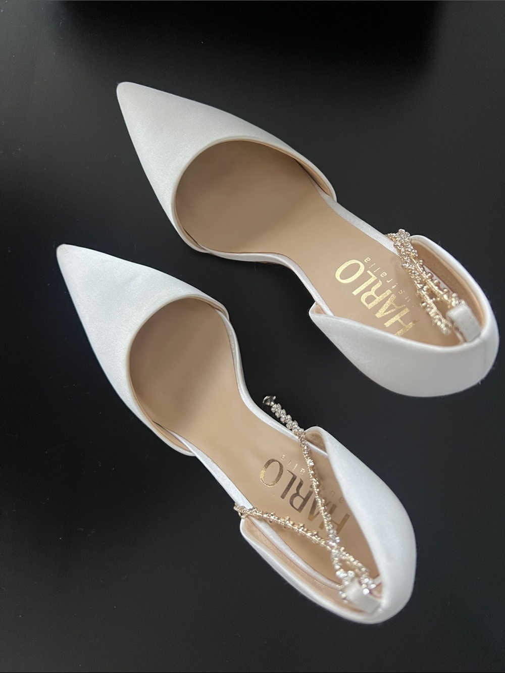 Harlow White Pointed D'Orsay Heels with Crystal Strap